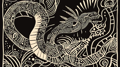 Monochrome Dragon Drawing with Intricate Patterns