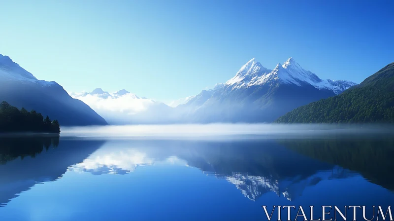 AI ART Snowy Mountains Reflected in Calm Lake