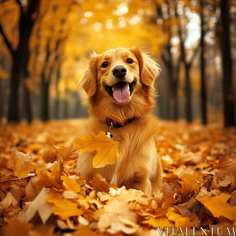 Golden Retriever Surrounded by Autumn Leaves AI Image