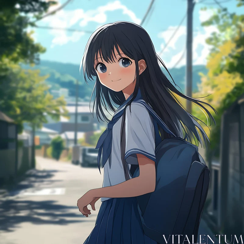 Schoolgirl Strolling in Sunlit Suburb AI Image