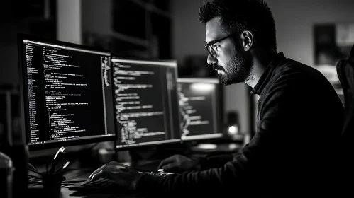 Man Coding with Multiple Monitors