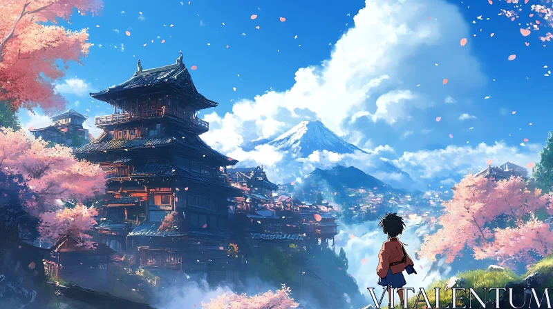 Mesmerizing Anime Scene with Cherry Blossoms and Mountains AI Image