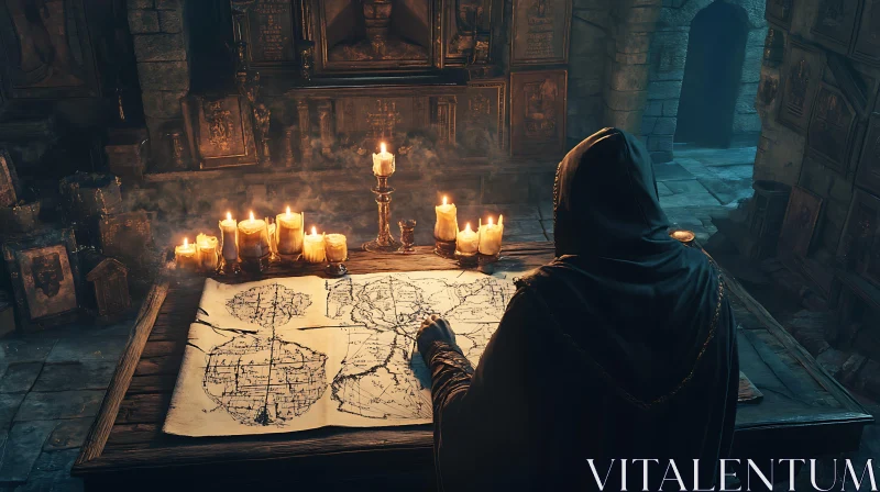 AI ART Hooded Figure Examining Old Map