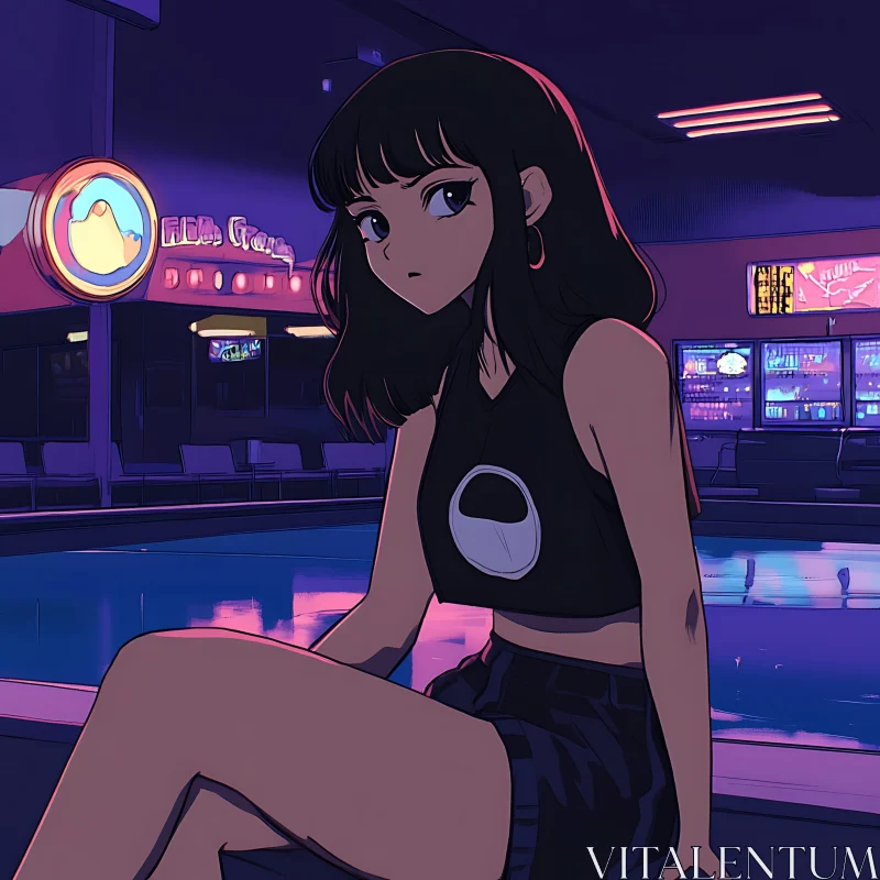 Retro Futuristic Anime Girl by the Pool AI Image