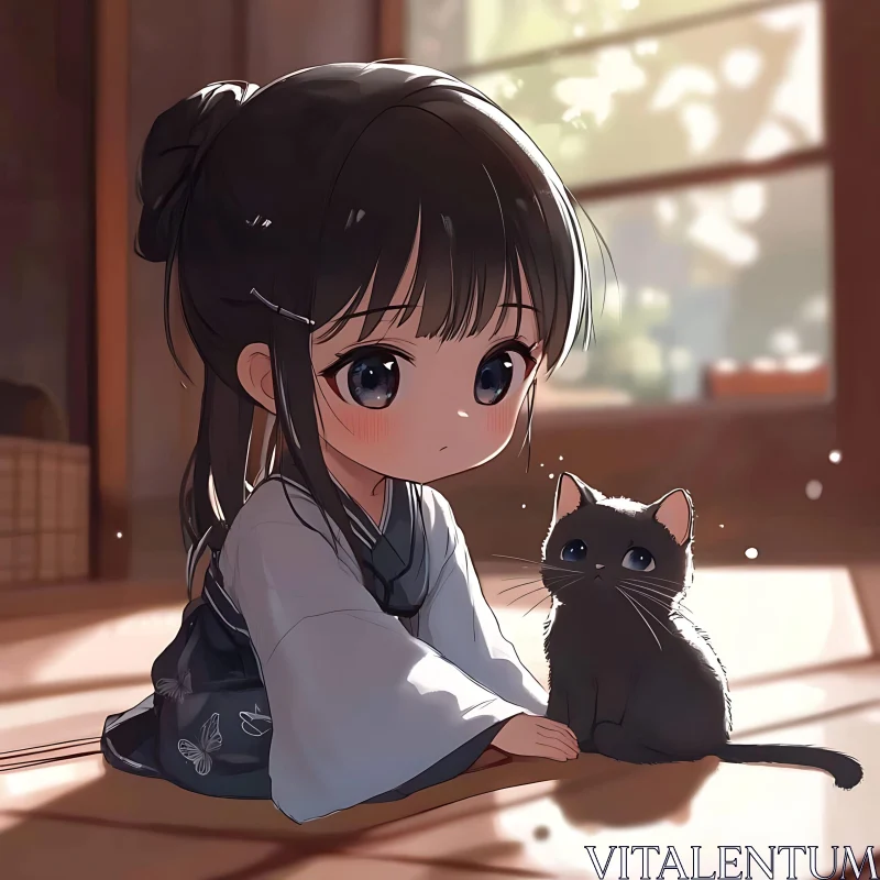 Cute Chibi Girl and Cat in Traditional Outfit AI Image