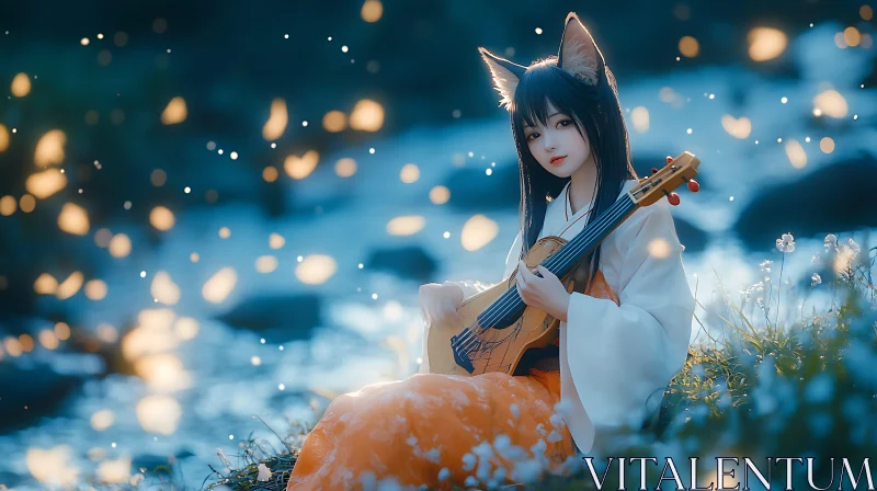 Anime Character Playing Guitar by a Magical Stream AI Image