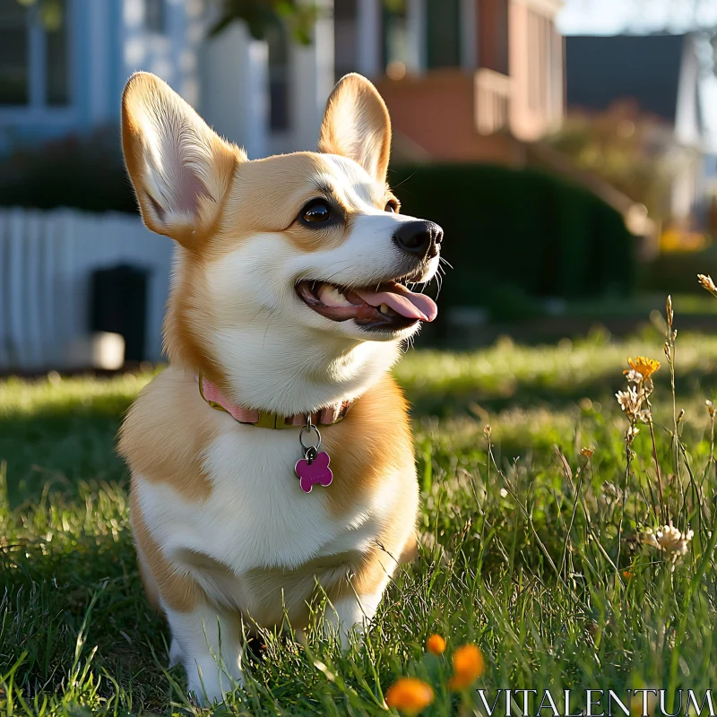 Joyful Corgi on Green Lawn AI Image