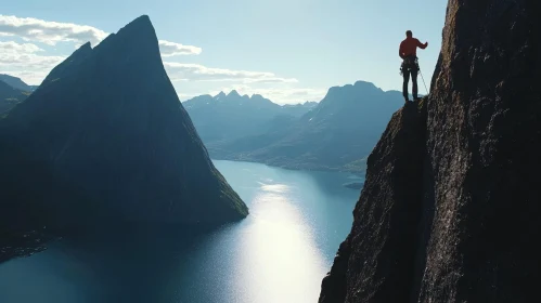 Climber on Mountain Peak Overlooking Lake