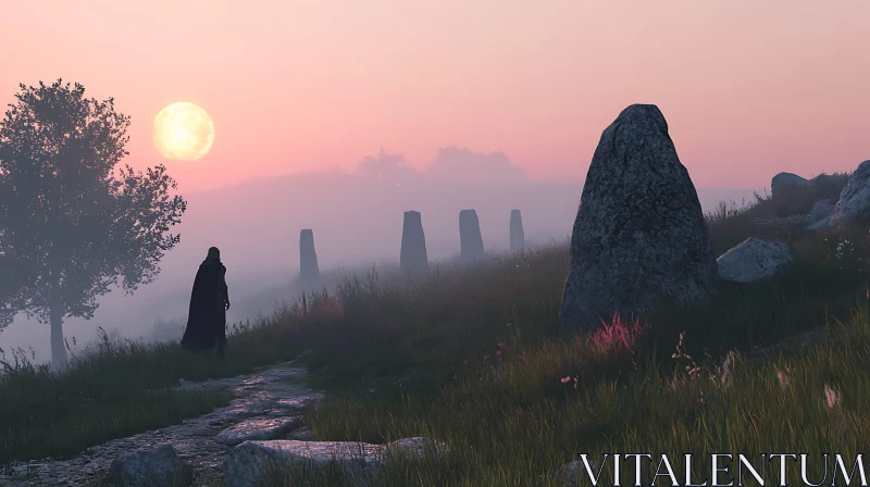 Cloaked Figure Among Ancient Standing Stones AI Image