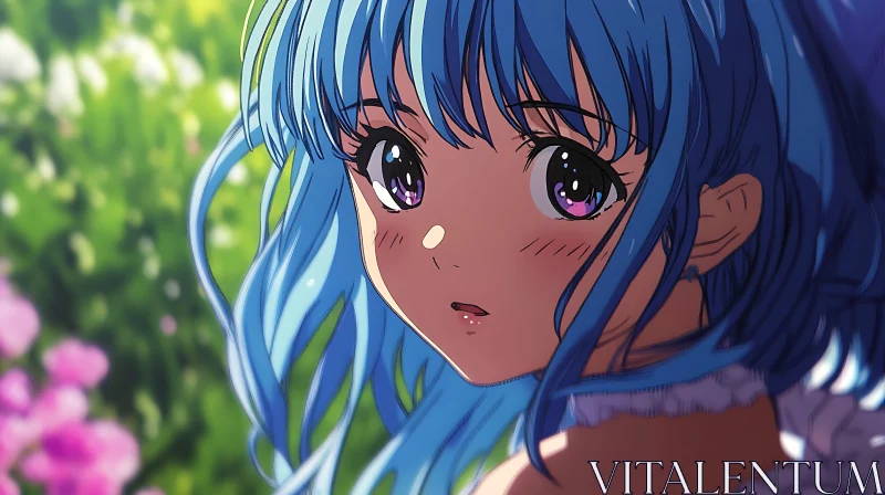 Blue-Haired Anime Girl in a Garden Setting AI Image