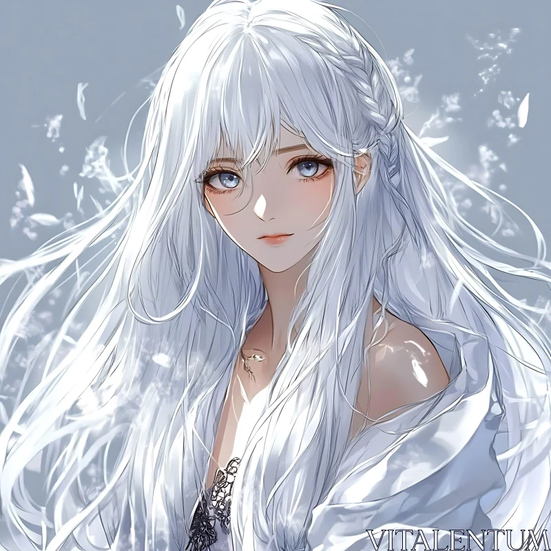 Serene Anime Girl with White Hair and Blue Eyes AI Image