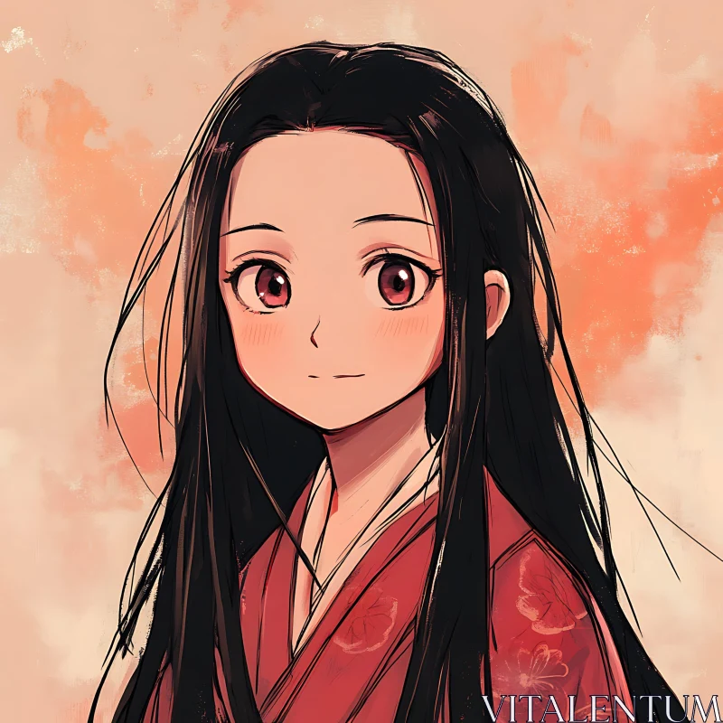 Traditional Kimono Girl with Red Eyes AI Image