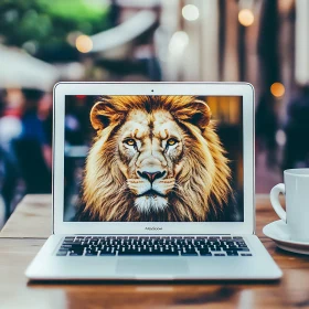 Laptop Displaying Lion Image with Coffee