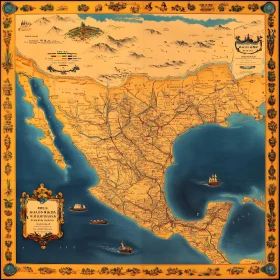 Antique Mexico Map with Ocean Vessels