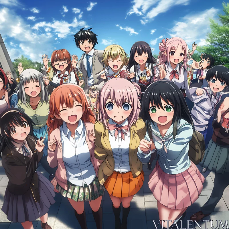 Anime Group of Happy Students in School Uniforms AI Image