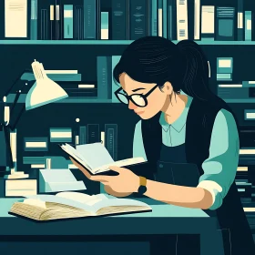 Scholarly Woman Reads in a Library