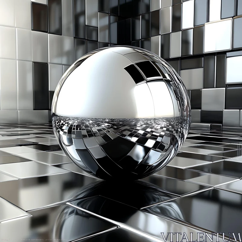 Futuristic Chrome Sphere in Geometric Space AI Image