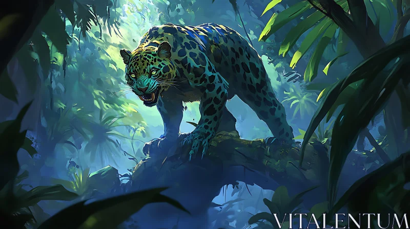 Teal Jaguar Portrait in Rainforest AI Image