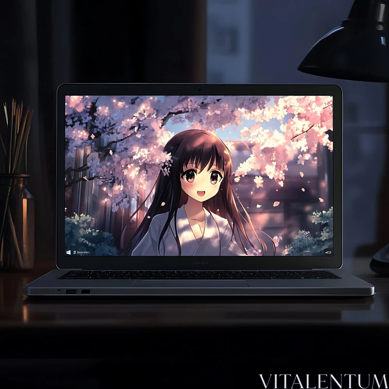 Anime Character on Screen with Blossoms AI Image