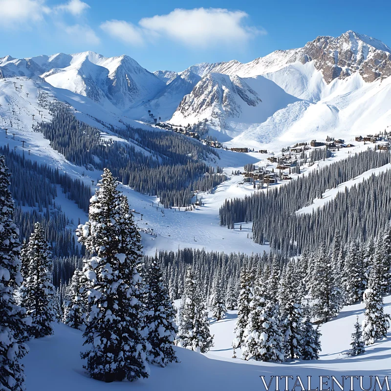 Snowy Mountain Peaks and Evergreen Trees AI Image