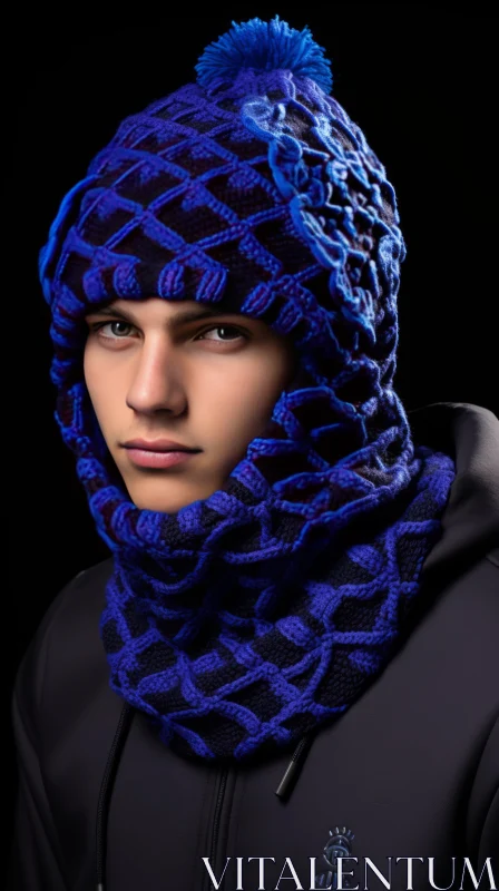 Captivating Blue Knitted Hat with Luxurious Geometry AI Image