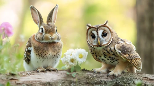 Woodland Companions: Rabbit and Owl Portrait