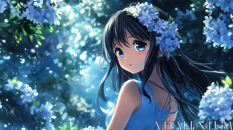 Enchanting Anime Character with Floral Crown in Luminous Forest AI Image