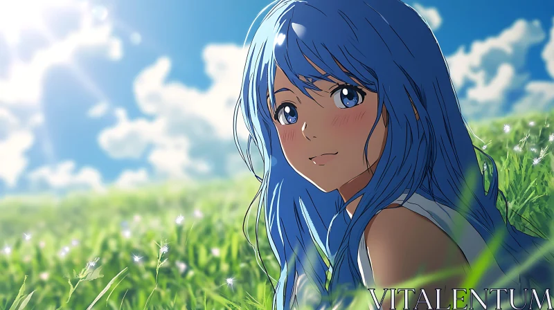 Peaceful Anime Scene with Blue-Haired Girl AI Image