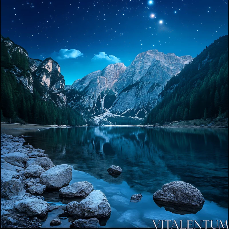 Night Sky Reflected in Mountain Lake AI Image