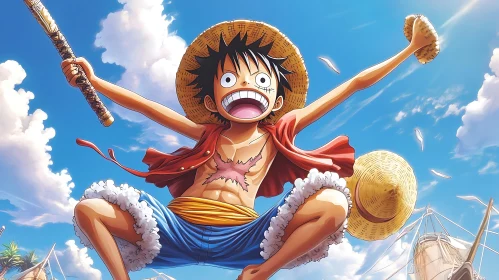 Joyful Anime Figure Against Blue Sky with Straw Hat