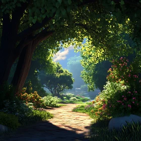 Sunlit Path Through Verdant Woods