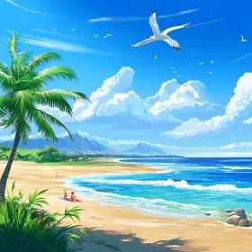 Tranquil Beach with Soaring Seagull