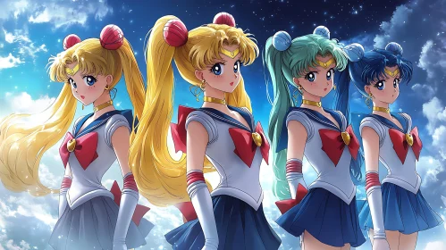 Four Anime Magical Girls Against a Cloudy Sky