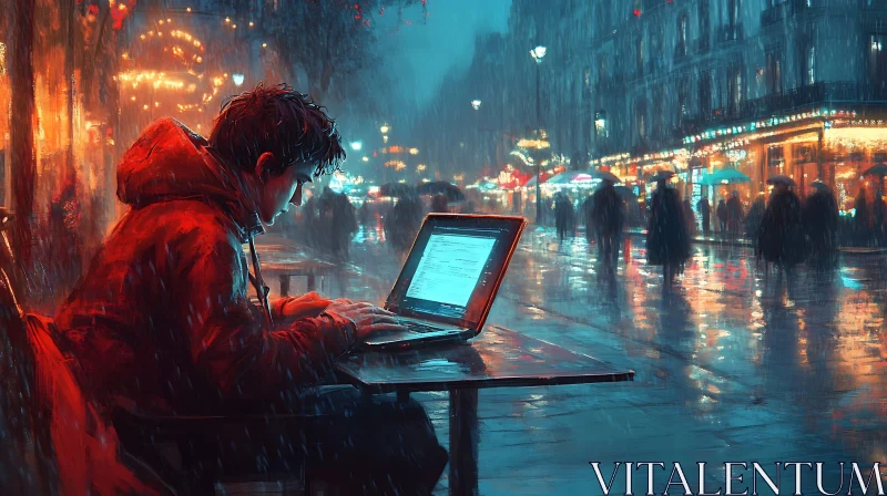 Urban Night Coding: Laptop Under City Lights AI Image