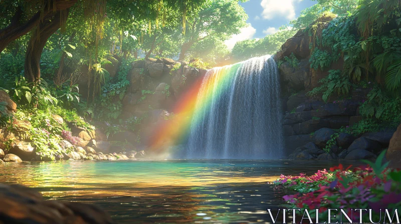 AI ART Enchanting Forest Waterfall and Rainbow