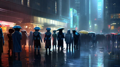 Rainy Cyberpunk City Street with Crowded People