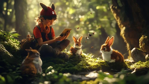 Child Reading with Bunnies in Forest