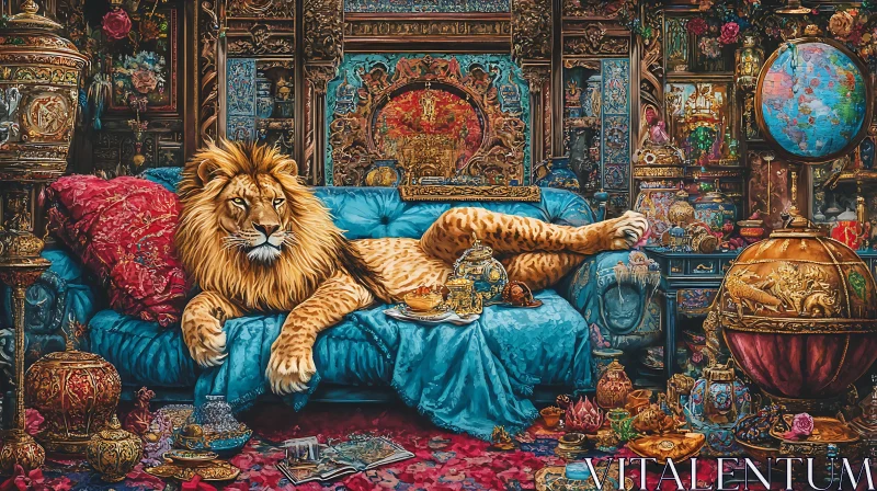 Regal Lion Lounging in Opulent Interior AI Image