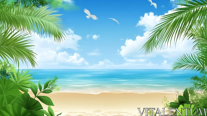 AI ART Seaside View with Birds and Palms