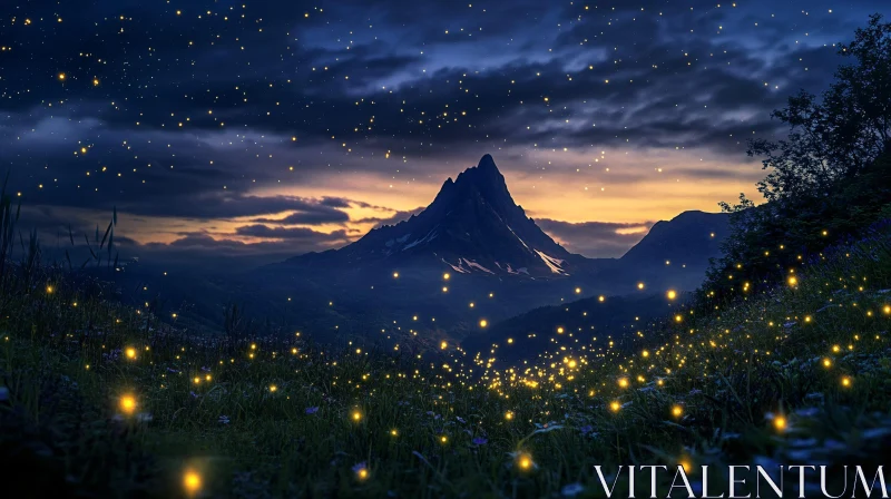 AI ART Starlit Mountain Range with Fireflies