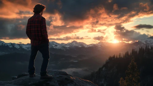 Man Watches Sunset on Mountain Top