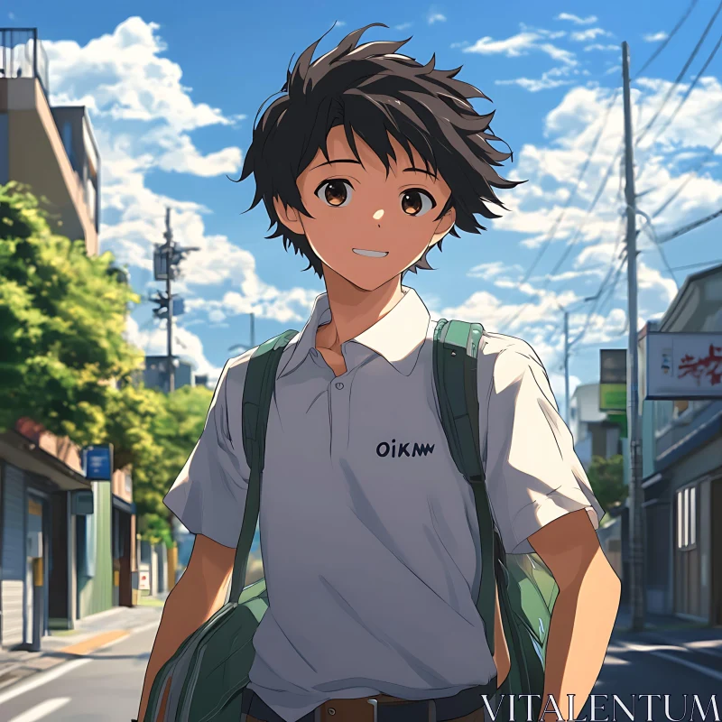 Anime Boy with Backpack in a City Setting AI Image