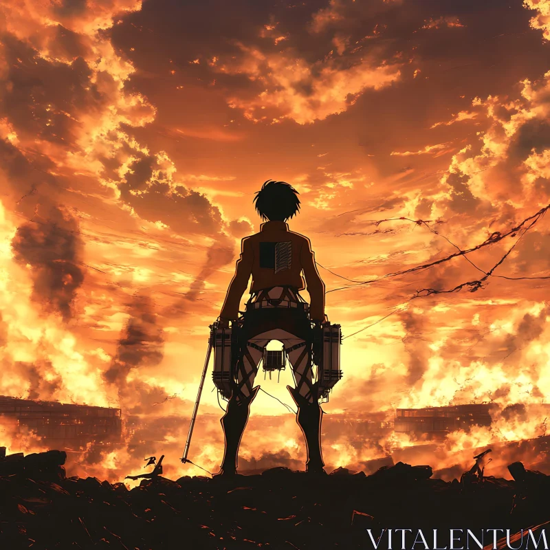 Dramatic Anime Sunset Battle Scene AI Image