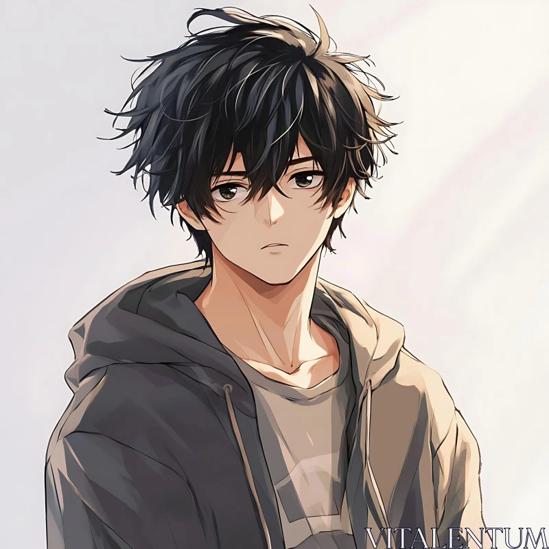 Melancholy Anime Boy in Hoodie AI Image