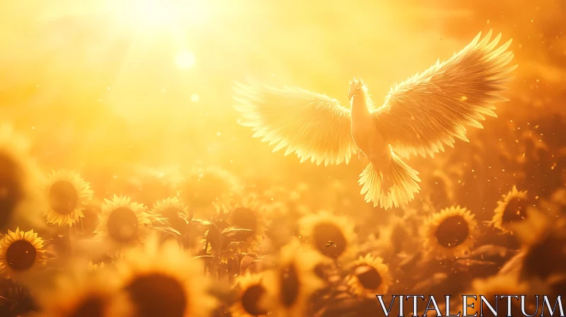 AI ART Bird in Flight Above Sunflowers
