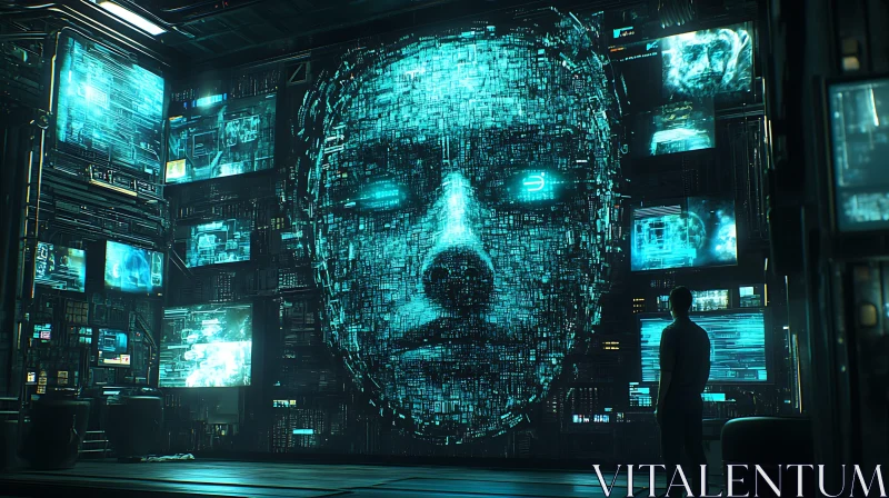 Cyberpunk Vision: Digital Face and Human Observer AI Image