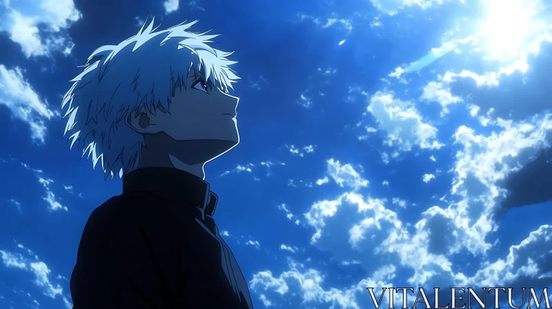 White-Haired Anime Character Under Blue Sky AI Image