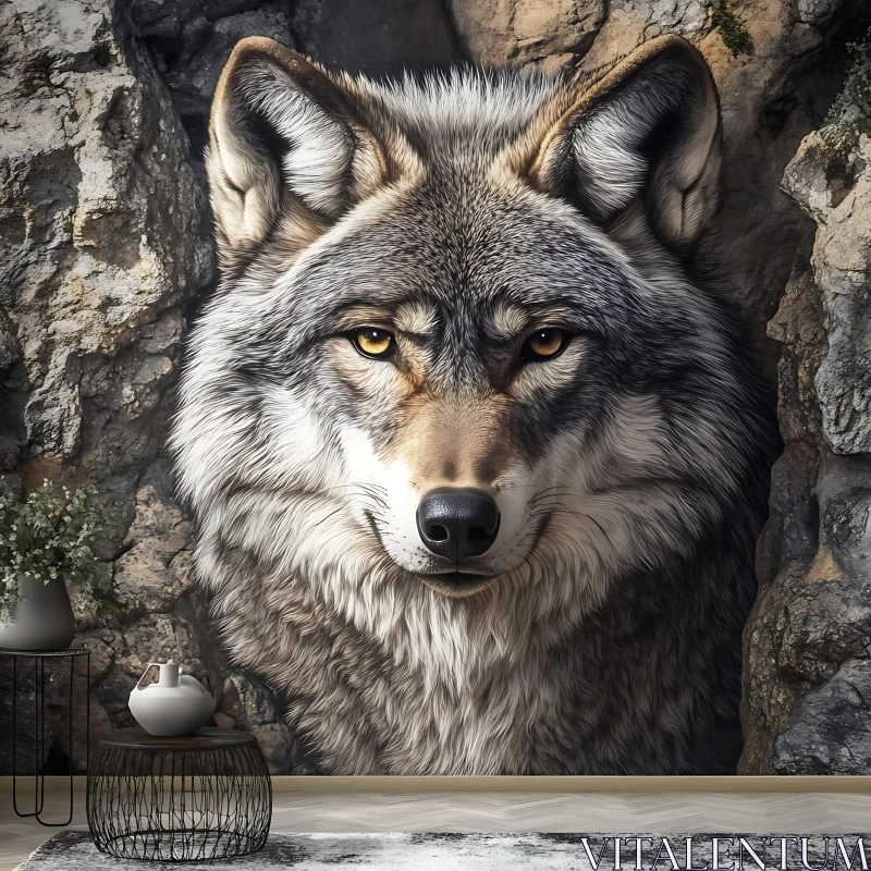 Wolf emerging from the rocks AI Image