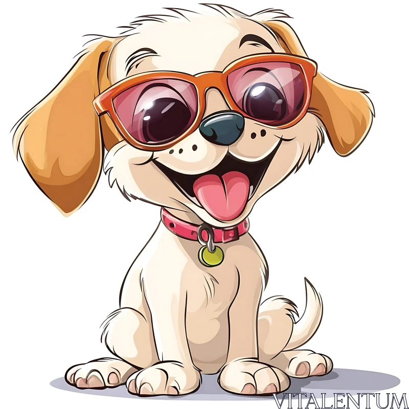 Happy Cartoon Puppy with Sunglasses and Collar AI Image