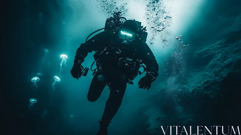 Underwater Scene with Diver and Jellyfish AI Image